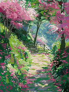 夏天蔷薇花插画台阶树木手绘海报