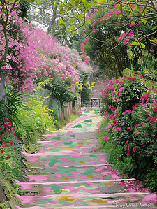 蔷薇花从插画图片_手绘夏天插画蔷薇花台阶树木海报