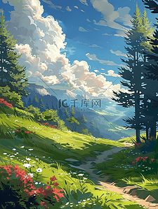 红色小路插画图片_夏季山上风景蓝天白云插画唯美