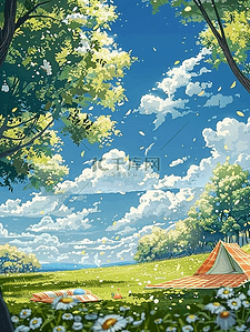 夏天的树下插画图片_风景夏天户外帐篷手绘插画海报