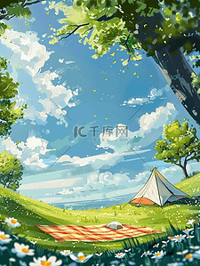 垫插画图片_风景户外帐篷手绘插画海报夏天