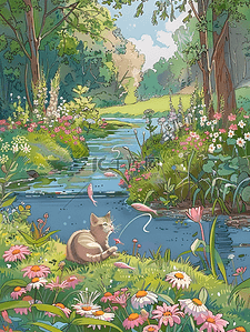 夏季小草河边花朵树木小猫手绘海报矢量插画
