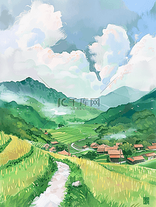 耕地手绘插画图片_田间夏季小路唯美手绘插画海报