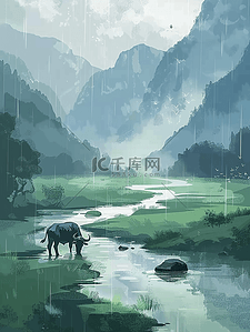 喝水卡通插画图片_插画海报夏季山水水墨画河流