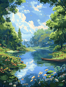 山水小船插画图片_插画夏季风景山水手绘海报