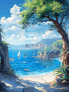 卡通夏日海边插画图片_度假海边夏日沙滩手绘插画