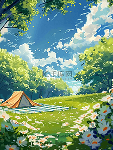垫子餐垫插画图片_夏天风景户外手绘帐篷插画海报