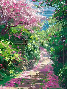 山上的台阶插画图片_插画蔷薇花台阶树木夏天手绘海报