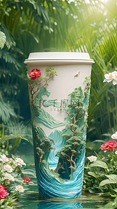 国潮花草山水潮牌水杯插画