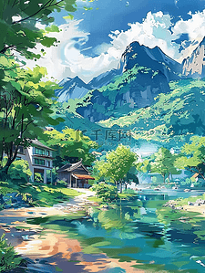 小亭子插画图片_山峰树木河水手绘插画海报夏季