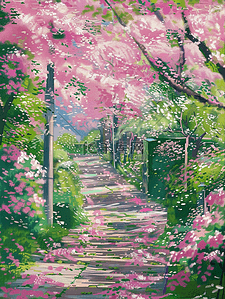 山上的台阶插画图片_夏天插画台阶树木蔷薇花手绘海报
