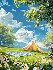 夏天风景户外帐篷手绘海报插画