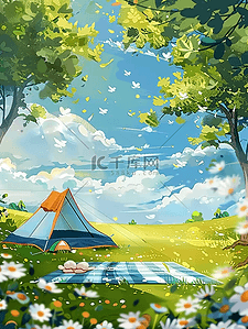 一块砖头插画图片_夏天风景帐篷户外手绘插画海报