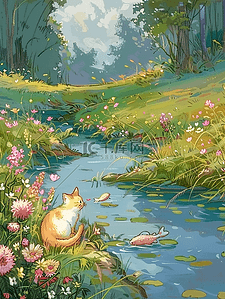 夏季河边小草花朵树木小猫海报手绘插画