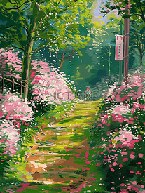 夏天插画蔷薇花手绘台阶树木海报