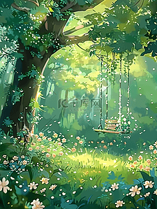 海报夏季唯美树林手绘插画