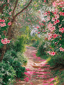 山上的台阶插画图片_夏天手绘插画蔷薇花台阶树木海报