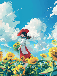 红色向日葵插画图片_夏季女孩手绘向日葵唯美插画海报