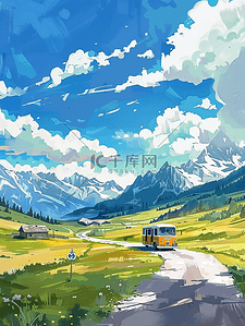 手绘房子卡通插画图片_海报夏季汽车晴朗天气风景手绘图片