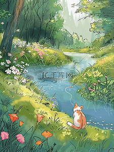 草花朵插画图片_夏季河边小草花朵手绘海报树木小猫插画海报