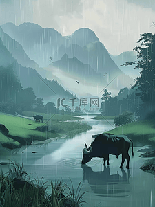 喝水背景插画图片_山水水墨画河流夏季插画海报