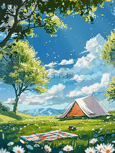 夏天的树下插画图片_夏天风景户外帐篷插画手绘海报