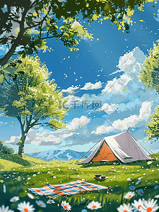 垫插画图片_夏天风景户外帐篷插画手绘海报