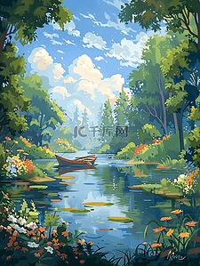 夏季风景山水手绘插画海报