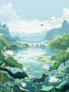 漂浮卡通手绘插画图片_插画夏天荷花手绘池塘海报