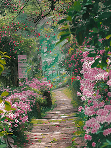 夏天海报插画蔷薇花台阶树木手绘