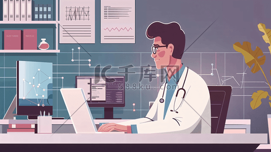 脑医疗插画图片_正在用电脑办公的医生1