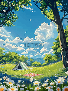 夏天的树下插画图片_手绘夏天风景户外帐篷插画海报