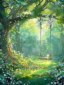 夏季唯美手绘树林插画海报