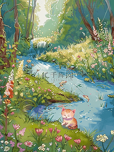 草木插画图片_手绘夏季海报河边小草花朵树木小猫插画图片