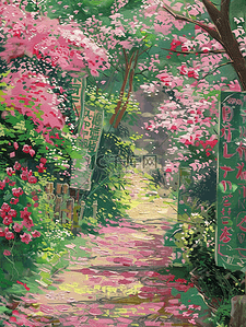 夏天插画蔷薇花台阶树木海报手绘