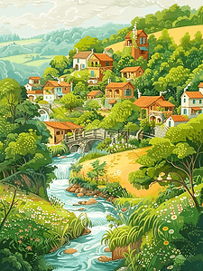 山坡夏季风景房屋河流手绘插画