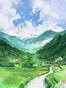 田间小路唯美手绘插画夏季海报