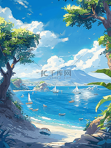 卡通夏日海边插画图片_手绘插画夏日度假海边沙滩