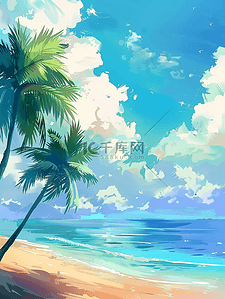 夏季插画沙滩海边树木手绘海报