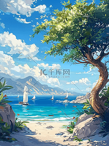 橄榄树插画图片_度假海边沙滩夏日手绘插画