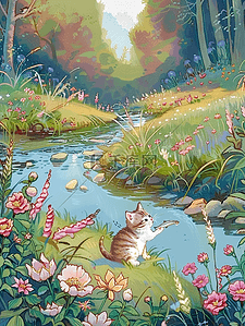 草木插画图片_河边小草花朵树木小猫手绘夏季海报插画