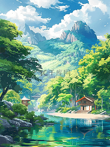 夏季树木山峰河水手绘插画海报