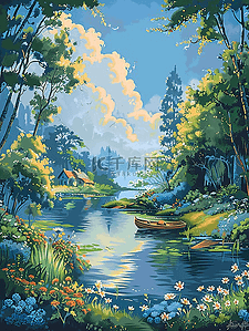 夏季风景山水插画手绘海报