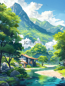 小亭子插画图片_山峰树木河水手绘夏季插画海报