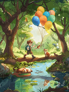 小森林手绘插画图片_夏季手绘丛林中孩子玩耍卡通插画