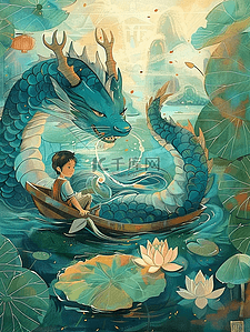 水海报插画图片_端午节龙划船手绘插画海报