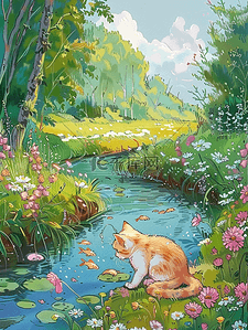 夏季河边小草手绘花朵树木小猫海报原创插画
