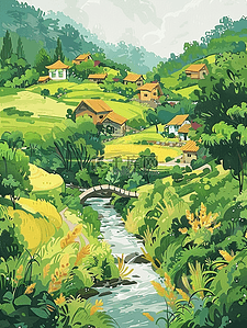 风景山坡房屋河流手绘夏季插画