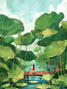 夏季荷叶池塘手绘海报插画