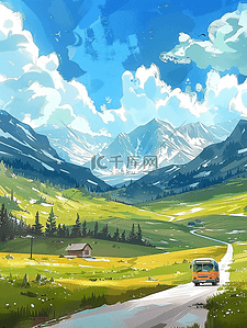 道路风景汽车插画图片_汽车晴朗天气风景夏季手绘海报插画设计